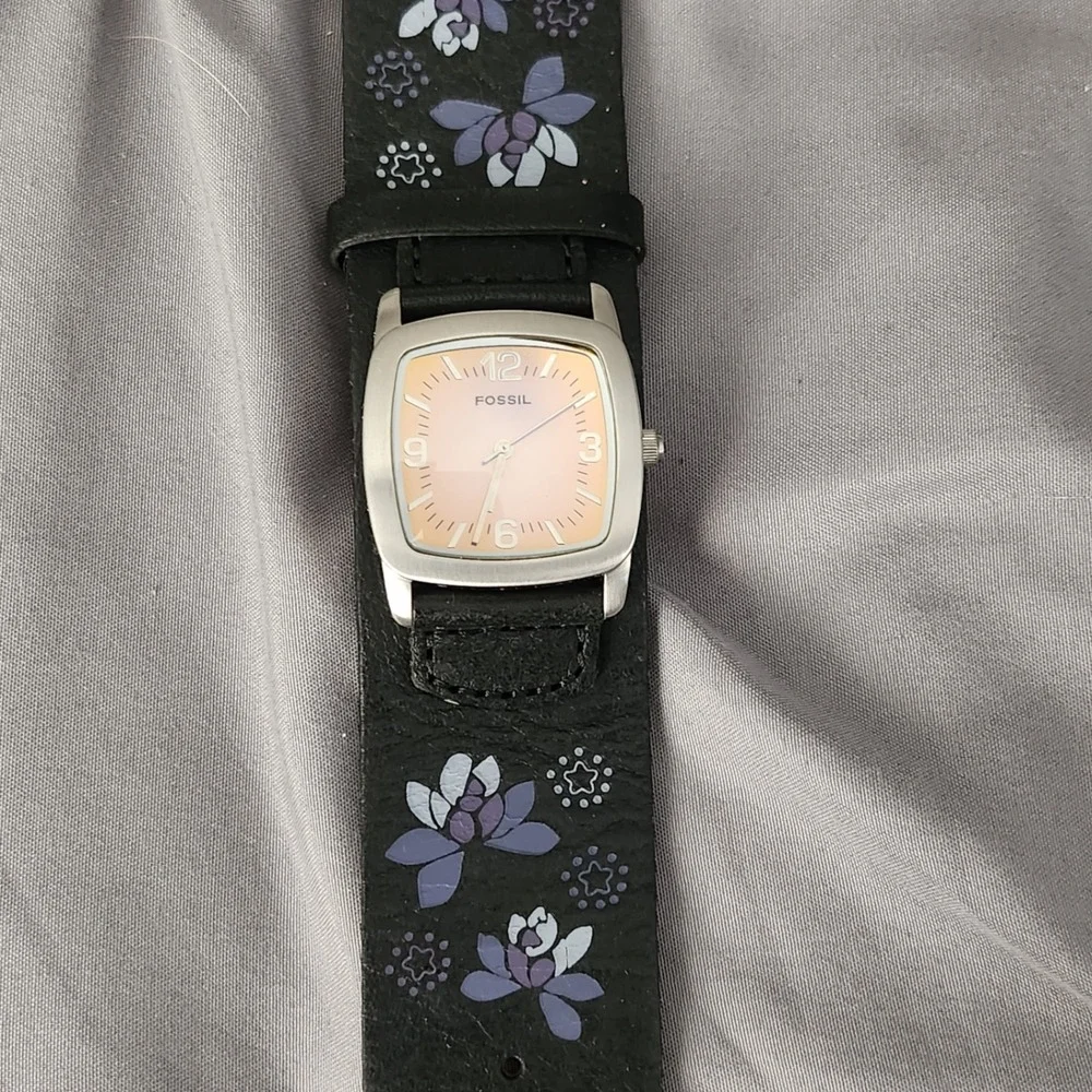Fossil JR8350 Women Watch Black Leather Wide Cuff Band Floral Pink Dial NWT